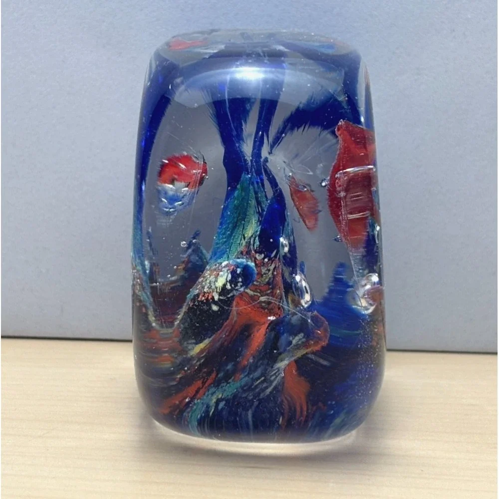 Art Glass Aquarium Fish Paperweight Rectangular Block Fish Blue Multicolor Dec